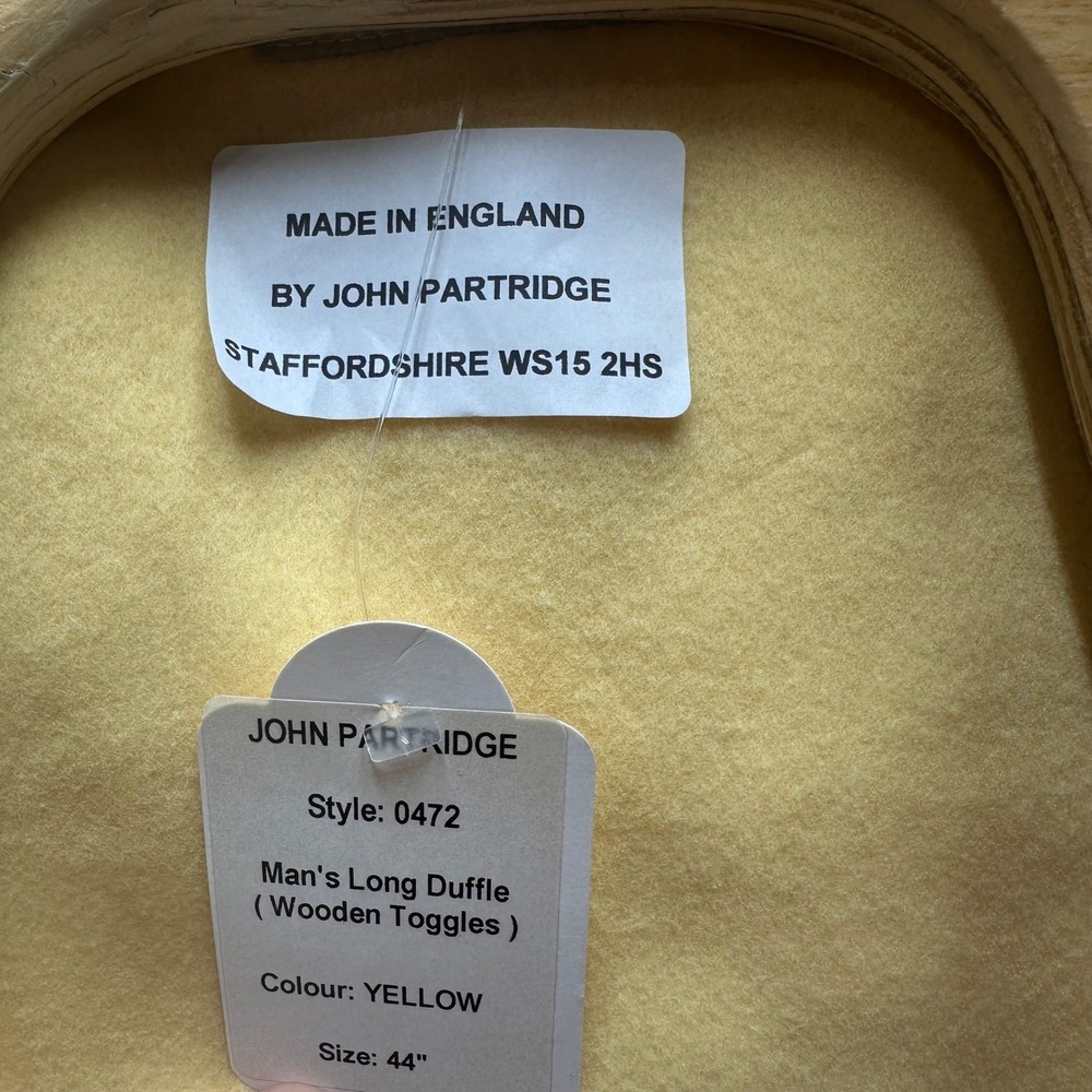 John Partridge Men's Long Duffle Coat Yellow Wool Toggle Made in England Size 44 - Picture 14 of 15